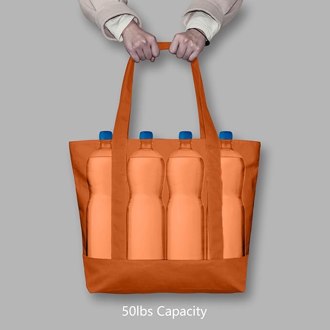 TOPDesign 1-Pack Canvas Tote Bags with an External Pocket, Reusable Grocery Shopping Bags, Top Zipper Closure, Daily Essentials (Orange)