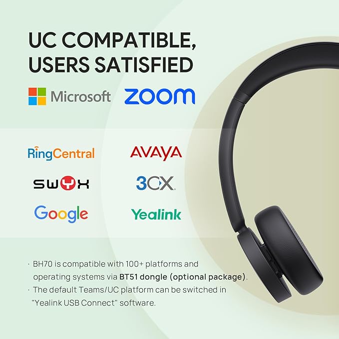 Yealink BH70 Dual (Without Dongle) Wireless Headset with Mic for Work, 164ft Bluetooth Headsets Teams UC Compatible, 35h Talk Life, 147g Lightweight Comfort, Perfect for Open Office Home Hybrid Work