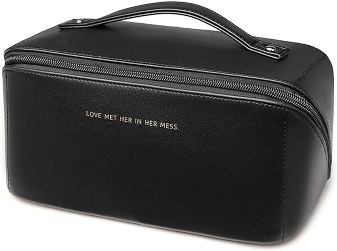 Travel Makeup Bag, Large Capacity Cosmetic Organizer Bags for Women, Waterproof PU Leather Toiletry Bags, Wide Open Flat Makeup Case with Divider and Handle