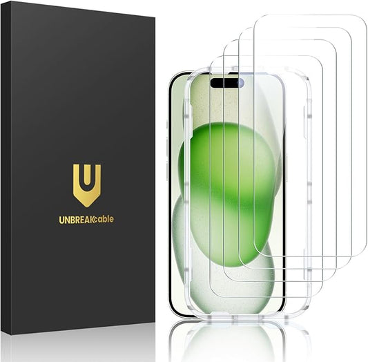 UNBREAKcable 4-Pack Screen Protector for iPhone 15 Plus, Double Shatterproof Tempered Glass [Easy Installation Frame] [9H Hardness] [99.99% HD Clear] [Case Friendly] for iPhone 6.7 inch