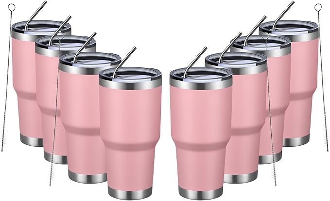 MEWAY 30oz Insulated Tumbler With Lids and Straws,Stainless Steel Double Vacuum Coffee Tumbler Cup, Brush, Durable Powder Coated Coffee Cup for Cold & Hot Drinks, Office, Travel(Pink,8 PACK)