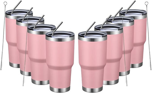MEWAY 30oz Insulated Tumbler With Lids and Straws,Stainless Steel Double Vacuum Coffee Tumbler Cup, Brush, Durable Powder Coated Coffee Cup for Cold & Hot Drinks, Office, Travel(Pink,8 PACK)