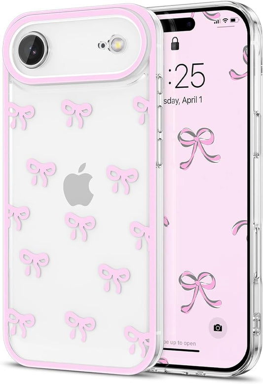 EYZUTAK Case for iPhone Air, Clear Cute Ribbon Bowknot Pattern Aesthetic Transparent Phone Case Raised Camera Protection Stylish Slim Soft Durable TPU Protective Cover for Women Girls - Pink