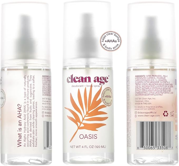 Aluminum Free Deodorant & Body Spray for Whole Body - Oasis 4oz - Clean Deodorant and Body Spray for Teen Boys and Girls - With AHA Fights Body Acne-Formula Specific Body Spray for Teens