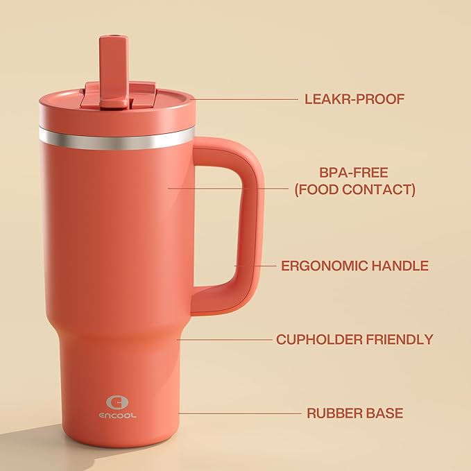 32 oz Tumbler with Handle and Straw: Stainless Steel Insulated Tumbler Keeps Cold for 24 Hours, Leakproof Travel Cup Fits in Cup Holder and BPA-Free, Tawny Orange