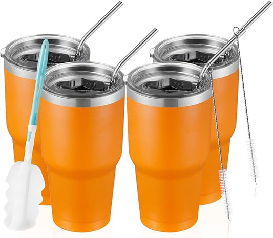 COMOOO 30oz Tumbler Stainless Steel Insulated Tumbler with Lid Double Wall Vacuum Coffee Cup Large Travel Mug for Hot and Cold Drinks, Home, Office, School,Party (Orange, 4 Pack)