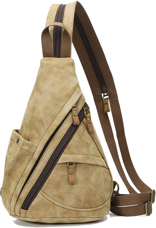 KL928 PU Leather Sling Bag - Small Crossbody Backpack Shoulder Casual Daypack Rucksack for Men Women Outdoor Cycling Hiking Travel (6881-PU-L.Coffee)