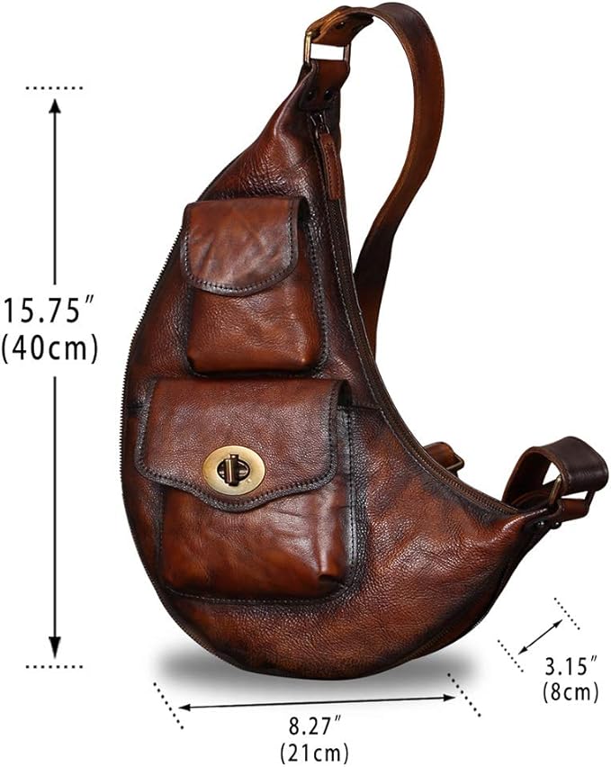 Genuine Leather Large Sling Bag for Men and Women Vintage Real Leather Sling Backpack Shoulder Crossbody Bag Chest Bag
