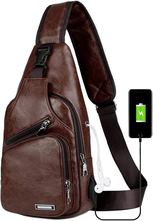 Peicees Leather Sling Bag Mens Crossbody Bag Chest Bag Sling Backpack for Men with USB Charge Port