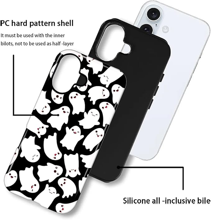 Case for iPhone 16 Plus Case,Halloween Ghosts Bats Design - Hybrid Dual Protection Silicone + Hard PC Shockproof Full Body Cover Slim Anti-Scratch Protective Case for Men Women