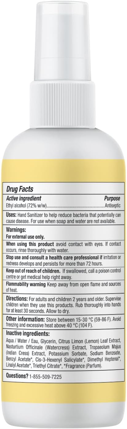 ATTITUDE Hand Sanitizer Spray, EWG Verified, Kills Germs & Bacteria, Vegan & Plant-Based, Safe for Adults & Kids, Lemon Leaves Scent, 3.38 Fl Oz (Spray Bottle)