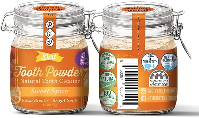 The Dirt - Remineralizing Tooth Powder, Natural Fluoride-Free Teeth Whitening Powder with Hydroxyapatite, Flouride & Gluten Free, Organic Vegan (Sweet Spice, 51g: 6 Month Supply)