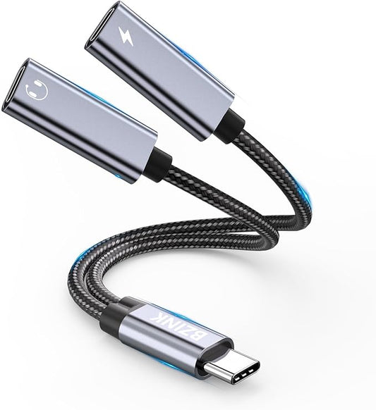 USB C Splitter, Dual USBC Headphone and Charger Adapter, 2-in-1 Type USBC Hi-Res DAC Adapter Audio Dongle Cable with PD 60W Fast Charging Cable for iPhone 16/15 Series & All USB-C Devices
