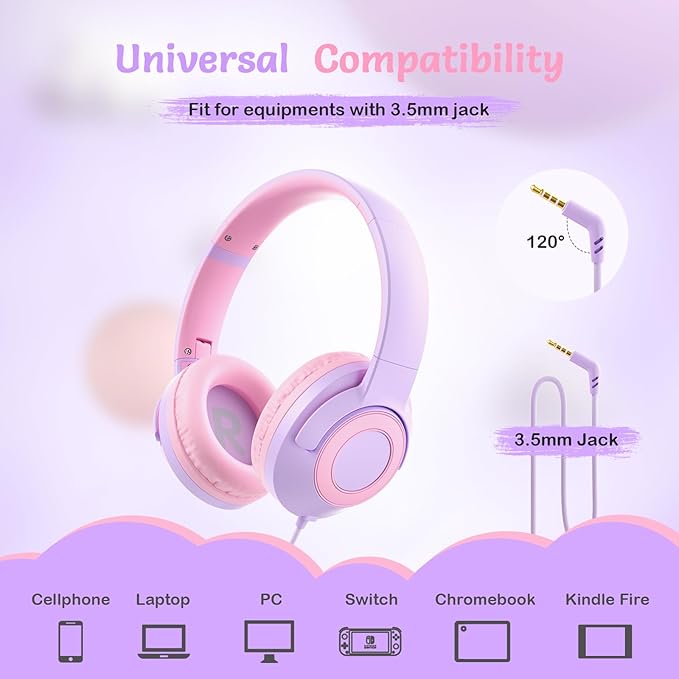 Kids Wired Headphones with Microphone, Volume Limited to 85/94dB Earphone for Boys & Girls, Foldable 3.5mm Jack Headset for School & Travel, Includes Portable Case(Purple)