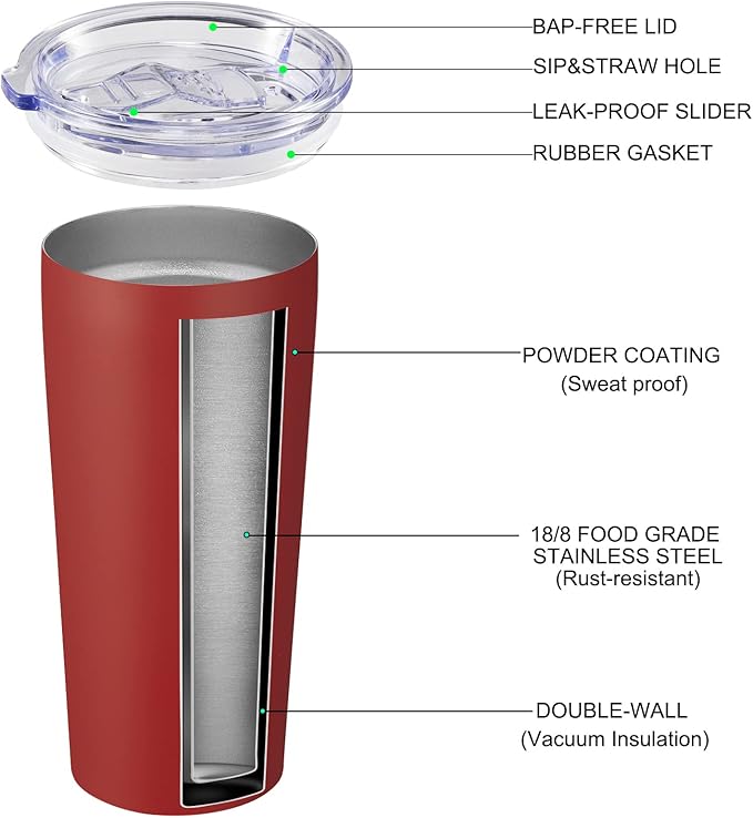 VEGOND 20oz Tumbler Bulk with Lid and Straw 6 Pack, Stainless Steel Vacuum Insulated Tumbler, Double Wall Coffee Cup Travel Mug, Red