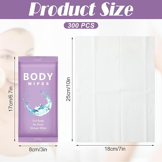 Treela 300 Pcs Bulk Deodorant Large Body Wipes Individually Wrapped Wet Wipes Travel Size for Adults Shower for Homeless Supplies Hygiene Personal Cleansing for Hiking Gym(7.09" X 9.84",Purple)
