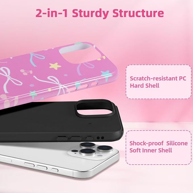 QLTYPRI Case for iPhone 16 Pro Max, Aesthetic Colorful Bow Cherry Stars Phone Case for Girls Women, Protective Hybrid 2-Layer Hard Shell Silicone Cover Durable Shockproof Phone Cover - Rose Red