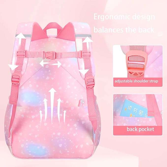 Girl Backpack for School Kids, Pink Cute Bookbag with Lunch Box Rainbow Elementary School Bag Pencil Case (Pink,3Pcs Set)