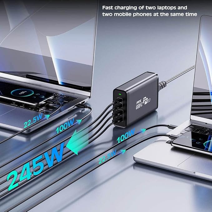 245W USB C Desktop Charger, GaN 4 Ports PD 100W Fast Charging Station Power Adapter Compatible with MacBook Pro/Air, iPad Pro/Mini, iPhone 14 13 Pro Max, Samsung Galaxy, Pixel and More