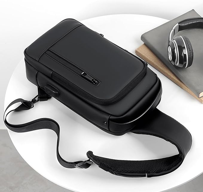 Sling Bag for Men | Anti-theft Crossbody USB PU Leather Shoulder Bag Chest Bag for Daily use Waterproof Lightweight One Strap Backpack, Black