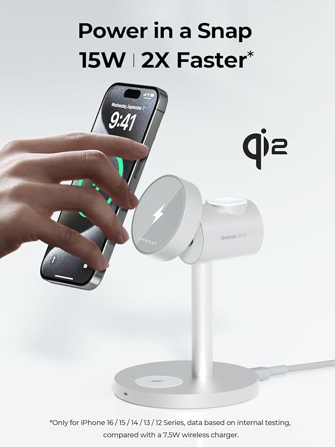 MagFusion 3-in-1 Charging Station Compatible with MagSafe, Qi2 Certified 15W Wireless Charger Stand, Magnetic Charger for iPhone 17/16/15/14/13/12 Series, Apple Watch, AirPods, Silver