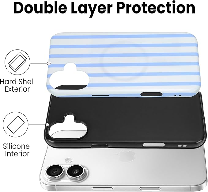 SOKAD Magnetic Vertical Stripes Phone Case for iPhone 16 Plus, Cute Light Blue Striped Line Pattern Compatible with Magsafe Matte Protective Case Cover with Screen Protector for Girls Women