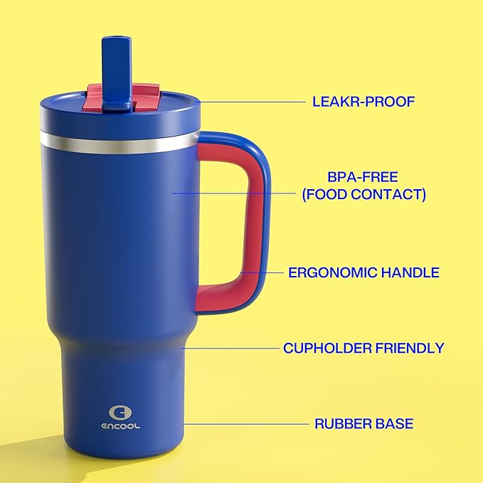 32 oz Tumbler with Handle and Straw: Stainless Steel Insulated Tumbler Keeps Cold for 24 Hours, Leakproof Travel Cup Fits in Cup Holder and BPA-Free, Beaucoup Blue