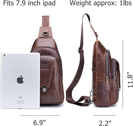 BULLCAPTAIN Leather Sling Bag for Men Multi-pocket Crossbody Chest Bag Travel Casual Shoulder Backpack