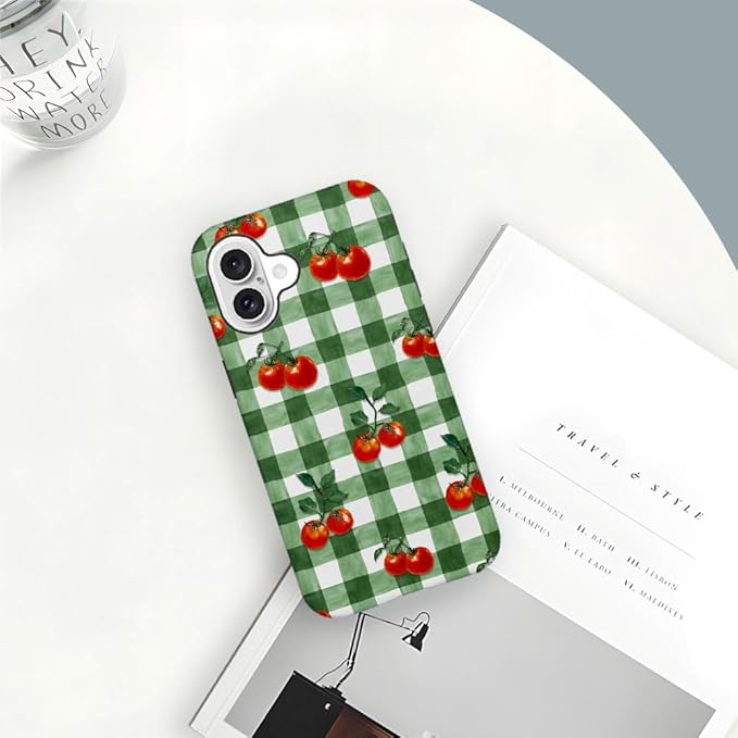 DAIZAG Case Compatible with for iPhone 16 Plus,Green Red Checkerboard Tomatoes Watercolor Phone Case for iPhone 16 Plus for Girl Women Boy Men