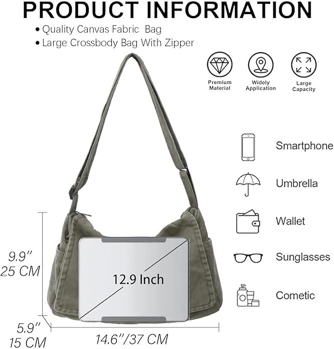Canvas Messenger Bag Large Satchel Bag Travel Hobo Bag Casual Tote Shoulder Bag for Women and Men