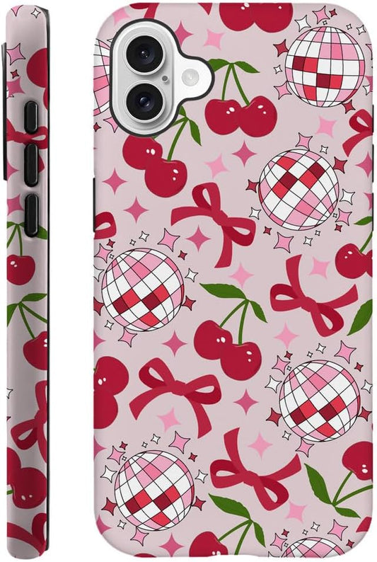 DAIZAG Case Compatible with for iPhone 16,Cute Pink Cherry Disco Ribbon Star Phone Case for iPhone 16 for Girl Women Boy Men
