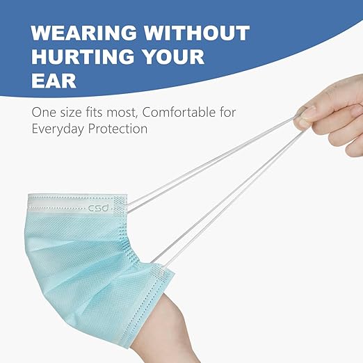 CSD Colo 50 Pcs ASTM Level 1 Disposable Face Masks, 3 Ply Adult Mask with Elastic Ear Loop, Nose Bridge Clip, Breathable Comfortable Mask Great for Indoor, Outdoors Use (Blue)