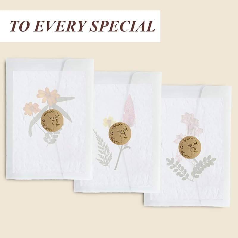 Handmade Pressed Flower Notecard Set with Real Flowers, 4x6 inches, Dongba Paper, Translucent Envelope, 3-Piece Gift Set, Perfect for Business, Birthday, Wedding, Congratulations, Gift, Thank you