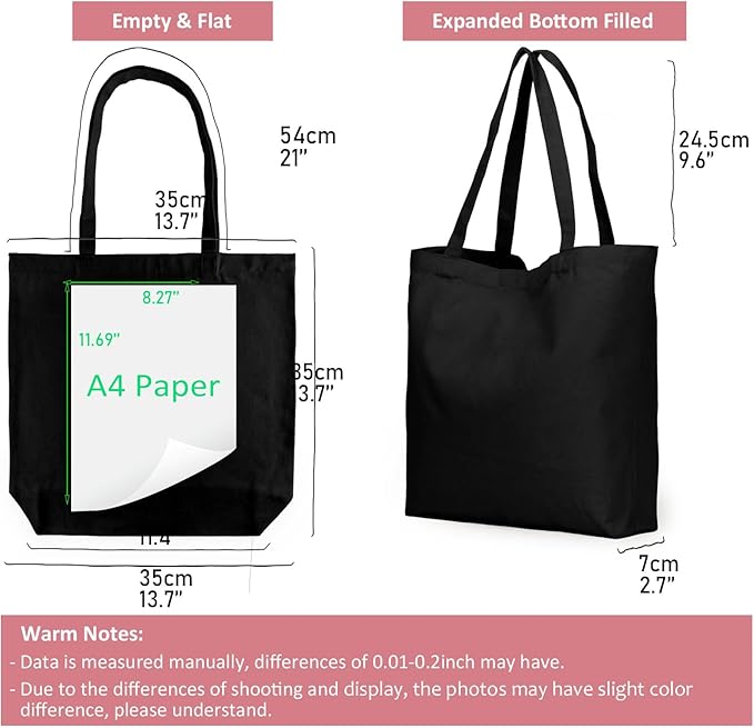 Koolmox Tote Bag Black, 13.5x13.5x3.5'' 6-Pack Canvas Tote Bags with Wide Bottom & Reinforced Handles, 12Oz Heavy Cotton Canvas Blank Tote Bag for Painting Art Craft, Men Women Shopping, Book Bag