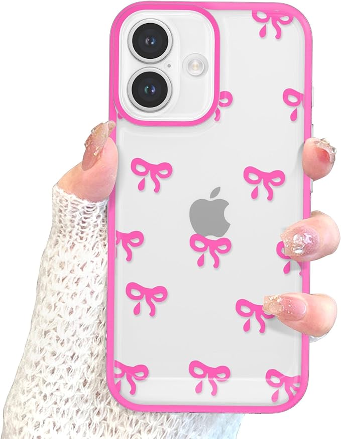 EYZUTAK Case for iPhone 17, Clear Cute Ribbon Bowknot Pattern Aesthetic Transparent Phone Case Raised Camera Protection Stylish Slim Soft Durable TPU Protective Cover for Women Girls - Rose Red