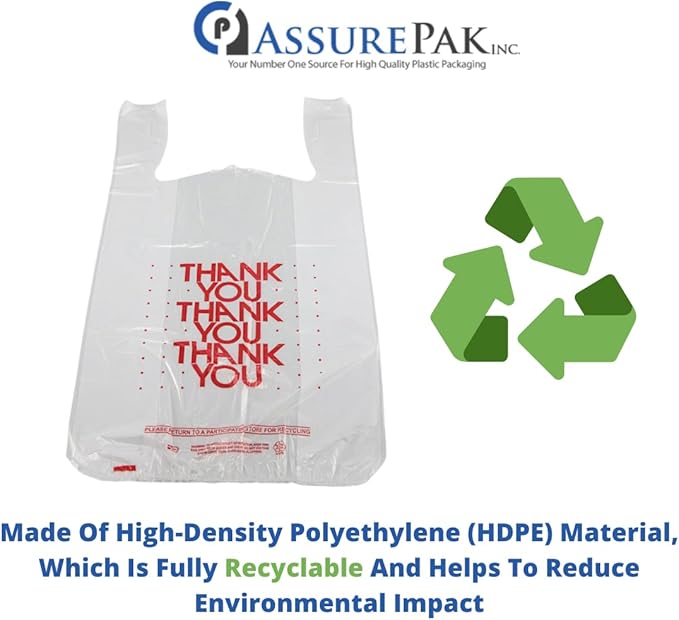 Easy Open - 1000 Bags - White 'Thank You' HDPE T-Shirt Bags - 1/6 BBL 11.5"X6"X21" - 13 Microns – for Retail, Takeout, Restaurant Supplies – AssurePak