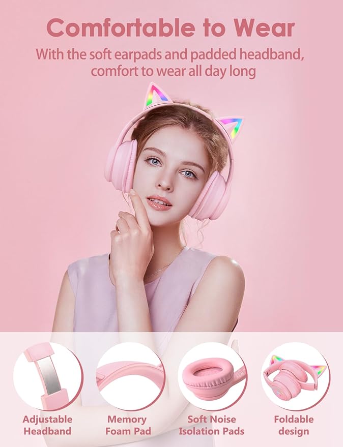 Cat Ear Bluetooth Headphones with Micphone for Kids & Adults, LED Light Up Wireless HI-FI Sound Quality, Over-Ear Headphones with Volume Control for iPhone/iPad/Laptop/PC(55H Play Time)