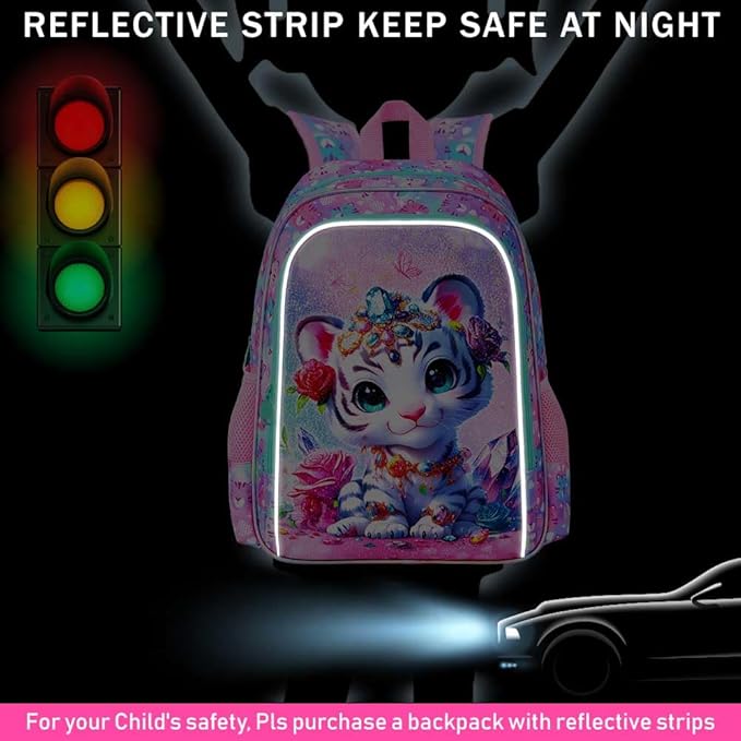 16" Tiger Backpack for Girls, 3Pcs Kids School Backpacks with Lunch Box, Bookbag for Elementary Preschool Kindergarten(Pink)