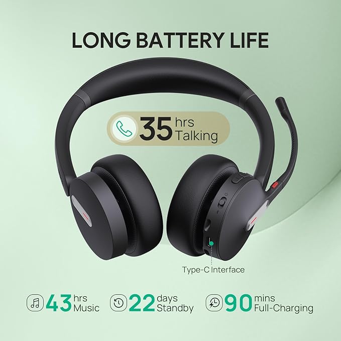 Yealink BH70 Dual (Without Dongle) Wireless Headset with Mic for Work, 164ft Bluetooth Headsets Teams UC Compatible, 35h Talk Life, 147g Lightweight Comfort, Perfect for Open Office Home Hybrid Work