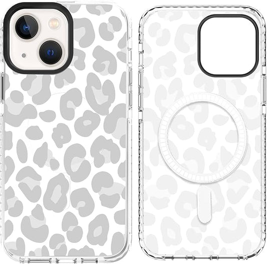 SAKUULO Magnetic for iPhone 13 Case Light Gray Leopard Print Pattern [Compatible with MagSafe] Wireless Charge Slim Shockproof Case for iPhone 13 Phone Case, Gray Leopard (6.1")