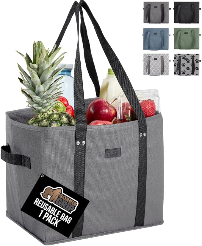 GORILLA GRIP Heavy Duty Foldable Reusable Grocery Bags, Tear Resistant Box Shape Shopping Tote with Reinforced Handles, Grip Feet, Easily Carry and Transport Groceries, 13x10x11, 1 Pack, Gray Black