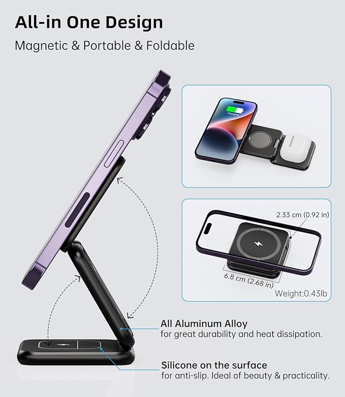 Foldable Magnetic Wireless Charger, KU XIU X40 Aluminum Alloy 3 in 1 Charging Station for Apple, Fast Charging Travel Charger for iPhone 16 15 14 13 12 Series, 5W for Apple Watch Ultra, AirPods, Black