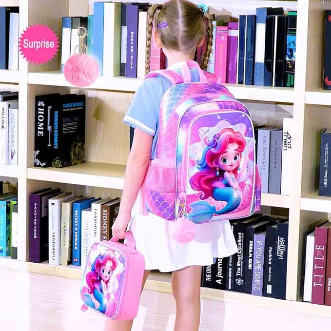 3Pcs Mermaid Backpack for Girls, 16" Kids Bookbag with Lunch Box，School Backpacks for Elementary Preschool Kindergarten (Pink)