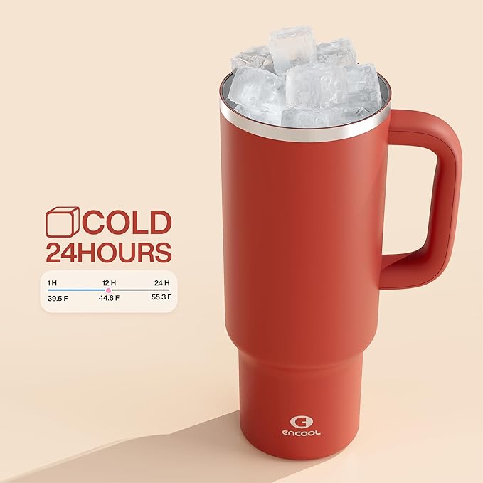 40 oz Tumbler with Handle and Straw: Stainless Steel Insulated Tumbler Keeps Cold for 24 Hours, Leakproof Travel Cup Fits in Cup Holder and BPA-Free, Medium Carmine