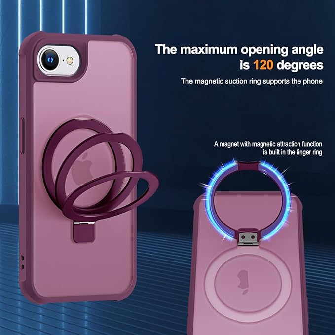 Compatible with iPhone 16E Case with Invisible Magnetic O-Ring Stand Military-Grade Translucent Case for iPhone 16E 6.1" 2025 [Compatible with Mag-Safe][Great Grip Feeling], Wine Red