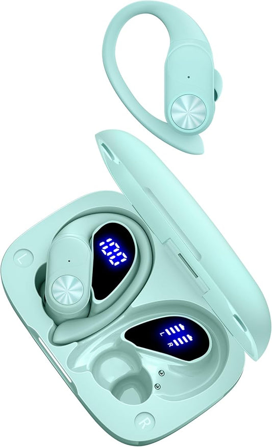 Bluetooth Earbuds 80H Playtime Wireless Headphones with Earhooks, Over-Ear Sports Earbuds with Charging Case & LED Display, Deep Bass IPX7 Waterproof Earphones for Workout, TV, Phone, Laptop