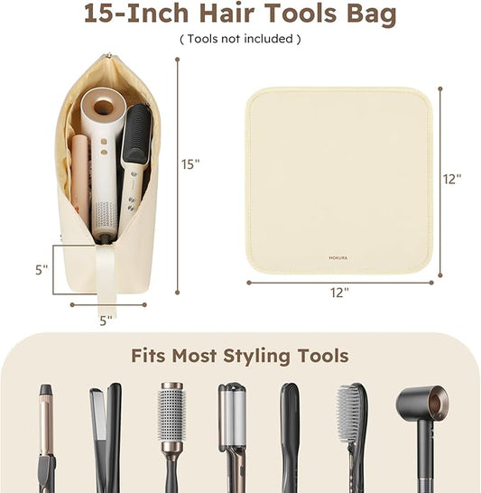 MOKURA Hot Hair Tools Travel Bag with Heat Resistant Mat Removable, Hair Accessories Organizer Case, Women Travel Essentials, Storage Pouch for Curling Iron Straightener Flat Iron Hair Dryer, Ivory