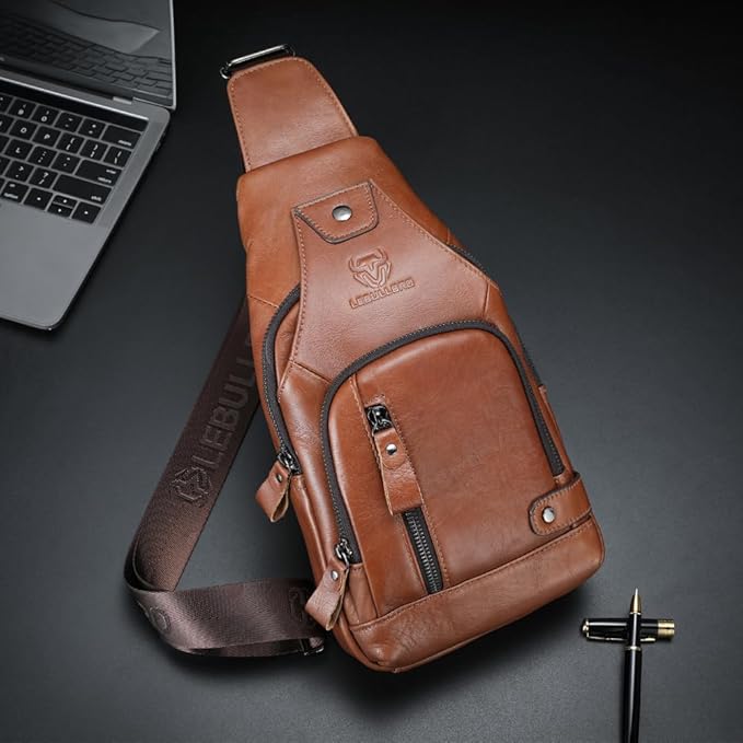 Sling Bag for Men Genuine Leather Chest Bag Crossbody Backpack Travel Hiking Outdoor Sports