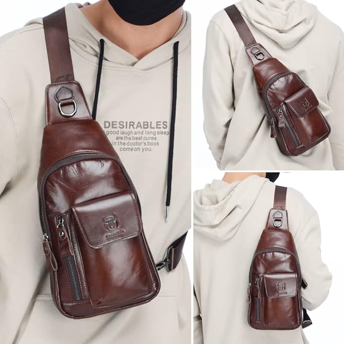 KPYWZER Vintage Leather Sling Bag Backpack for Men Crossbody Shoulder Chest Day Pack Backpacks