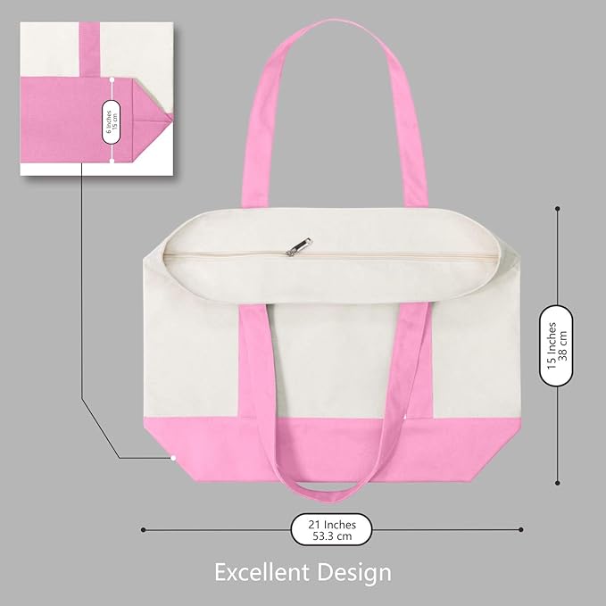 TOPDesign 3-Pack Canvas Tote Bags with an External Pocket, Reusable Grocery Shopping Bags, Top Zipper Closure, Daily Essentials (Pink/Natural)